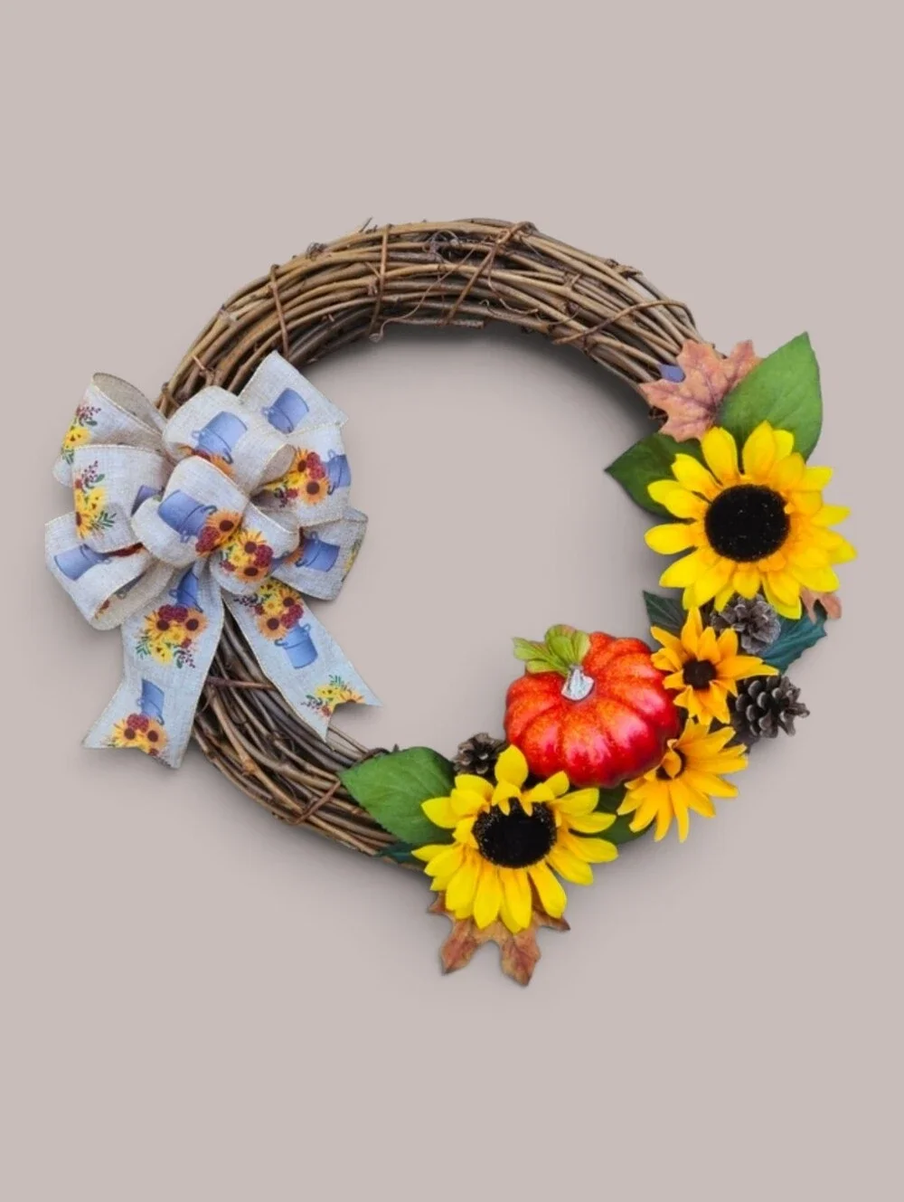 Handmade Autumn Grapevine Wreath with Sunflowers and Pumpkin